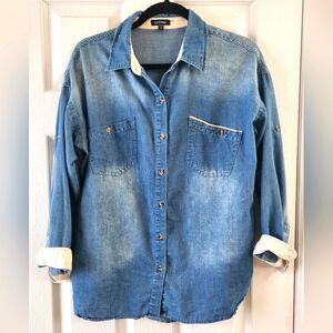 Casting Denim Roll Tab Sleeve Button Down Shirt Blue Size Medium